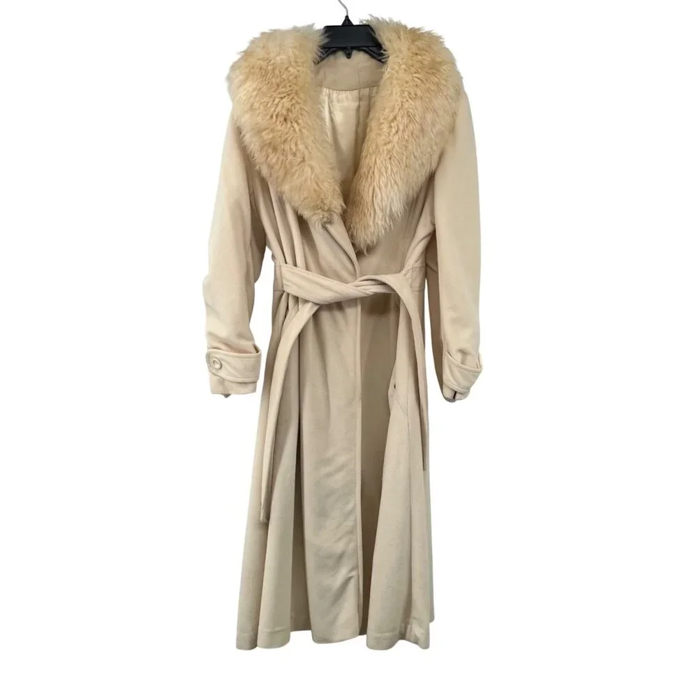 Vintage Kashmiracle Coat Womens S/M? Cream Fur Collar Used Long Belted Coat Uniq - Picture 1 of 16